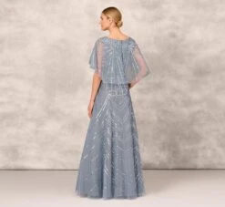 Beaded Ball Gown With Cape Sleeves In Vintage Blue 11 Beaded Ball Gown With Cape Sleeves In Vintage Blue -Allure Attire MD1E207719 AC466 Regular Back