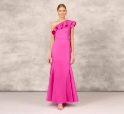 One Shoulder Mermaid Gown With Ruffle Details In Magenta