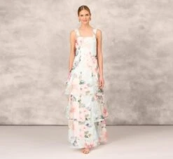 Floral Print Embroidered Long A-Line Gown In Blue Multi