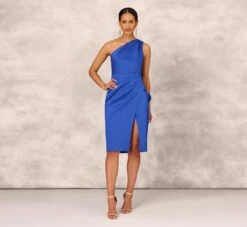 One Shoulder Crepe Cocktail Dress With Slit In Royal Sapphire -Allure Attire MD1E207906 AN401 Regular Front