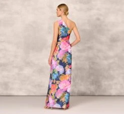 One Shoulder Draped Floral Gown With Thigh Slit In Navy Multi -Allure Attire MD1E207918 AA980 Regular Back
