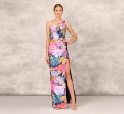 One Shoulder Draped Floral Gown With Thigh Slit In Navy Multi