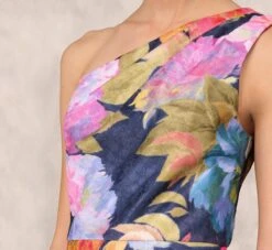 One Shoulder Draped Floral Gown With Thigh Slit In Navy Multi -Allure Attire MD1E207918 AA980 Regular Lifestyle