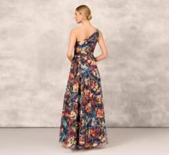 Floral Printed Metallic Organza Burnout One Shoulder Long Ball Gown With Pockets And Slit In Blue Multi -Allure Attire MD1E207919 AA461 Regular Back
