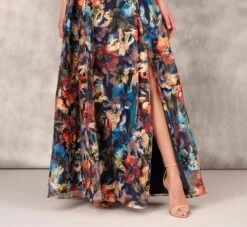 Floral Printed Metallic Organza Burnout One Shoulder Long Ball Gown With Pockets And Slit In Blue Multi -Allure Attire MD1E207919 AA461 Regular Lifestyle
