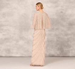 Hand Beaded Long Column Gown With Cape And Slit In Blush 9 Hand Beaded Long Column Gown With Cape And Slit In Blush -Allure Attire MD1E207926 AA248 Regular Back