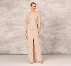 Front Page 15 Hand Beaded Long Column Gown With Cape And Slit In Blush