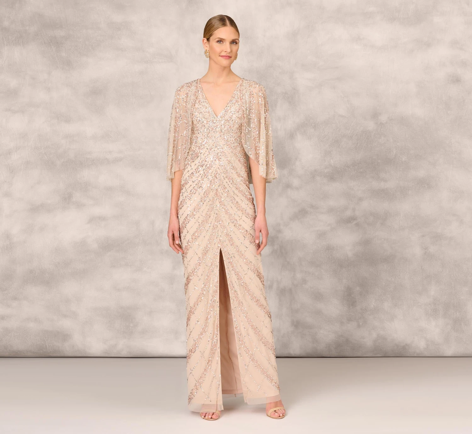 Hand Beaded Long Column Gown With Cape And Slit In Blush 1 Hand Beaded Long Column Gown With Cape And Slit In Blush