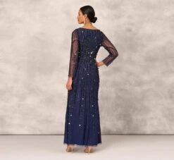 Hand Beaded Illusion Long Mermaid Gown In Navy -Allure Attire MD1E207928 AA412 Regular Back