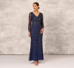 Hand Beaded Illusion Long Mermaid Gown In Navy