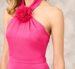 Satin Halter Gown With Rosette Accent In Hot Pink -Allure Attire MD1E208156 AA672 Regular Detail