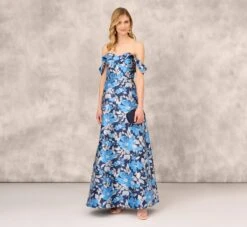 Off The Shoulder Floral Jacquard Gown In Blue Multi