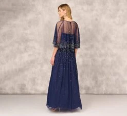 Beaded Strapless Gown With Sheer Removable Cape In Navy -Allure Attire MD1E208169 AA412 Regular Back