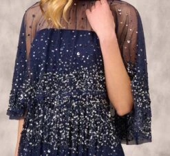 Beaded Strapless Gown With Sheer Removable Cape In Navy -Allure Attire MD1E208169 AA412 Regular Detail