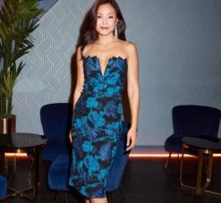 Floral Stretch Jacquard Strapless Midi Dress With Pleat Details In Blue Multi