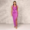 Sleeveless Satin Crepe Column Gown With Bow Waist In Wild Orchid