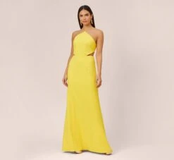 Stretch Crepe Long Halter Mermaid Dress With Cutouts In Lemon