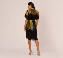 Beaded Faux Wrap Dress With Dolman Sleeves In Black Multi -Allure Attire MN1E206112 AA960 Regular Back