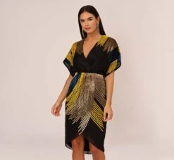 Beaded Faux Wrap Dress With Dolman Sleeves In Black Multi