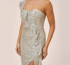 Sequined One-Shoulder Midi-Length Cocktail Dress With Ruffle In Champagne Silver -Allure Attire MN1E206313 AJ298 Regular Alternate