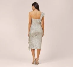 Sequined One-Shoulder Midi-Length Cocktail Dress With Ruffle In Champagne Silver -Allure Attire MN1E206313 AJ298 Regular Back