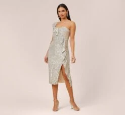 Sequined One-Shoulder Midi-Length Cocktail Dress With Ruffle In Champagne Silver