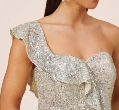 Sequined One-Shoulder Midi-Length Cocktail Dress With Ruffle In Champagne Silver -Allure Attire MN1E206313 AJ298 Regular Side