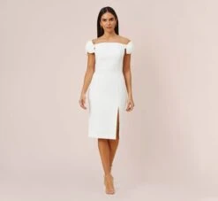 Off-The-Shoulder Crepe Cocktail Sheath Dress With Bows In Ivory