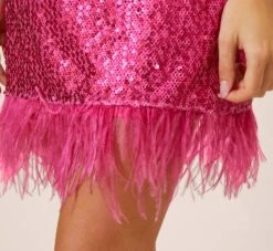 Sequined Trapeze Halter Dress With Feather Trim In Hot Pink -Allure Attire MN1E206390 AA672 Regular Alternate