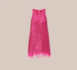 Sequined Trapeze Halter Dress With Feather Trim In Hot Pink -Allure Attire MN1E206390 AA672 Regular Flat