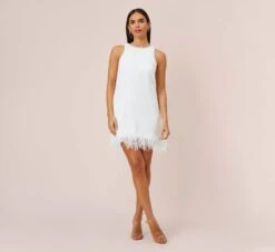 Sequined Trapeze Halter Dress With Feather Trim In Ivory