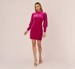 Velvet Short Sheath Cocktail Dress With Mutton Sleeves In Hot Pink 12 Velvet Short Sheath Cocktail Dress With Mutton Sleeves In Hot Pink -Allure Attire MN1E206786 AA672 Regular Front