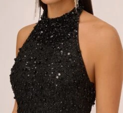 Hand-Beaded Halter Swing Dress In Black -Allure Attire MN1E206806 AA002 Regular Detail