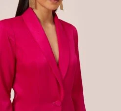 Charmeuse Tuxedo Short Sheath Cocktail Dress With Feather Trim In Bright Rose -Allure Attire MN1E206883 AN670 Regular Side