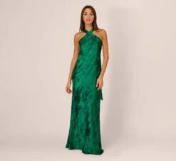 Metallic Chiffon Halter Gown In Green
