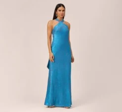 Metallic Chiffon Halter Gown In Ocean Dream