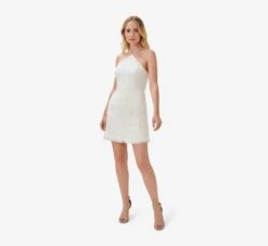 Fringe-Trim Short Sheath Cocktail Halter Dress In Ivory -Allure Attire MN1E207151 AC194 Regular Side