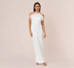 Feather-Trim Crepe Strapless Jumpsuit In Ivory