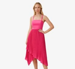 Asymmetrical Pleated Midi-Length Dress In Watermelon Bliss
