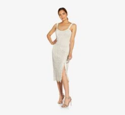 Crochet-Embroidered Midi-Length Sheath Cocktail Dress In Ivory