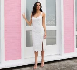 Crochet-Embroidered Midi-Length Sheath Cocktail Dress In Ivory -Allure Attire MN1E207314 AC194 Regular Default