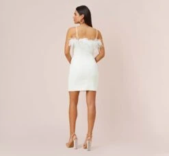 Feather Trimmed Crepe Short Sheath Cocktail Dress In Ivory -Allure Attire MN1E207440 AC194 Regular Back