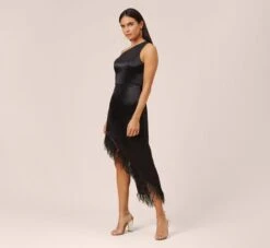 One-Shoulder Satin Dress With Feather Trim In Black