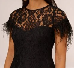 Floral Lace And Feather Trimmed Short Sheath Cocktail Dress In Black -Allure Attire MN1E207483 AA002 Regular Detail