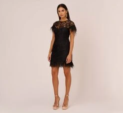 Floral Lace And Feather Trimmed Short Sheath Cocktail Dress In Black -Allure Attire MN1E207483 AA002 Regular Front