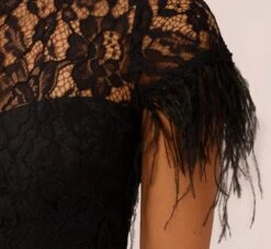 Floral Lace And Feather Trimmed Short Sheath Cocktail Dress In Black -Allure Attire MN1E207483 AA002 Regular Lifestyle