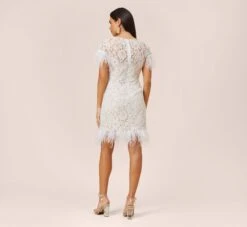 Floral Lace And Feather Trimmed Short Sheath Cocktail Dress In Ivory -Allure Attire MN1E207483 AC194 Regular Back