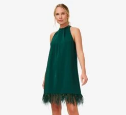Feather Trimmed Crepe Short Cocktail Trapeze Halter Dress In Forest