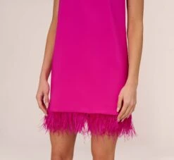 Feather Trimmed Crepe Short Cocktail Trapeze Halter Dress In Pink Flame 9 Feather Trimmed Crepe Short Cocktail Trapeze Halter Dress In Pink Flame -Allure Attire MN1E207564 AR670 Regular Lifestyle