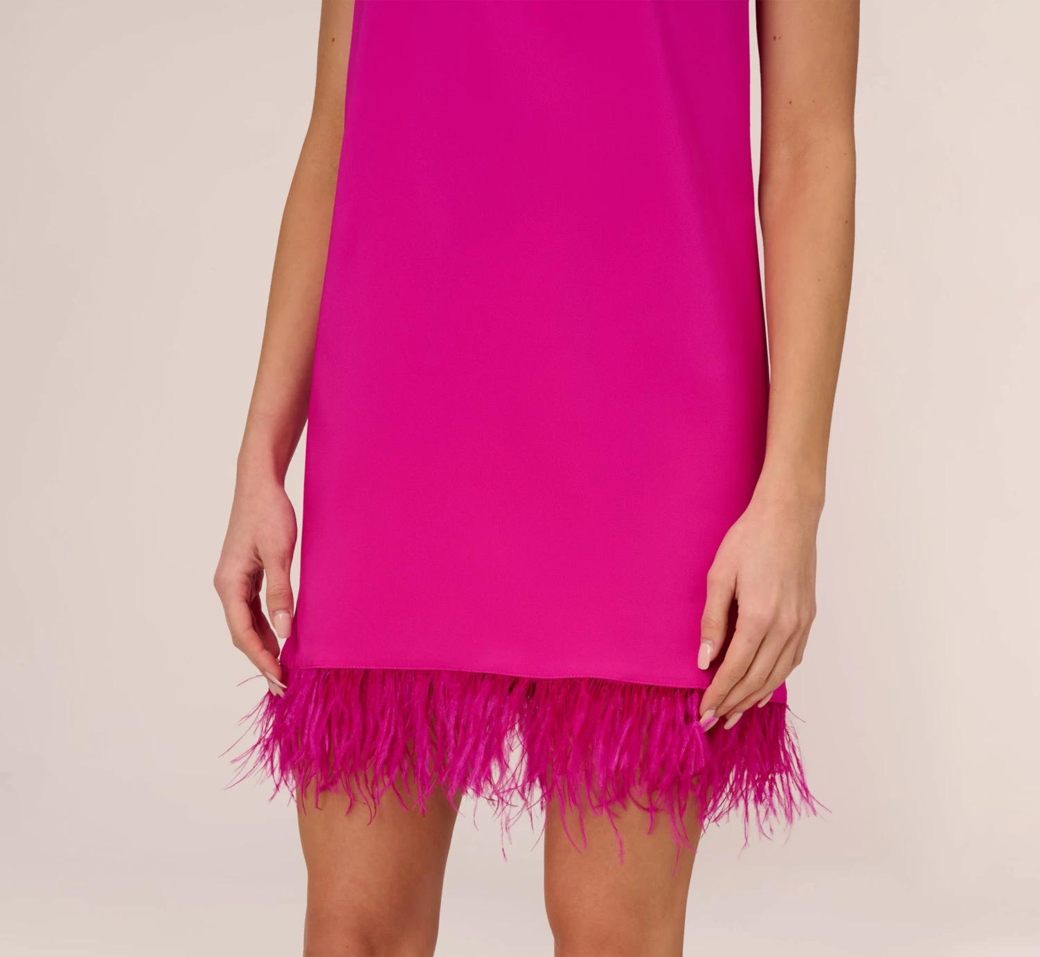 Feather Trimmed Crepe Short Cocktail Trapeze Halter Dress In Pink Flame 3 Feather Trimmed Crepe Short Cocktail Trapeze Halter Dress In Pink Flame - Image 3